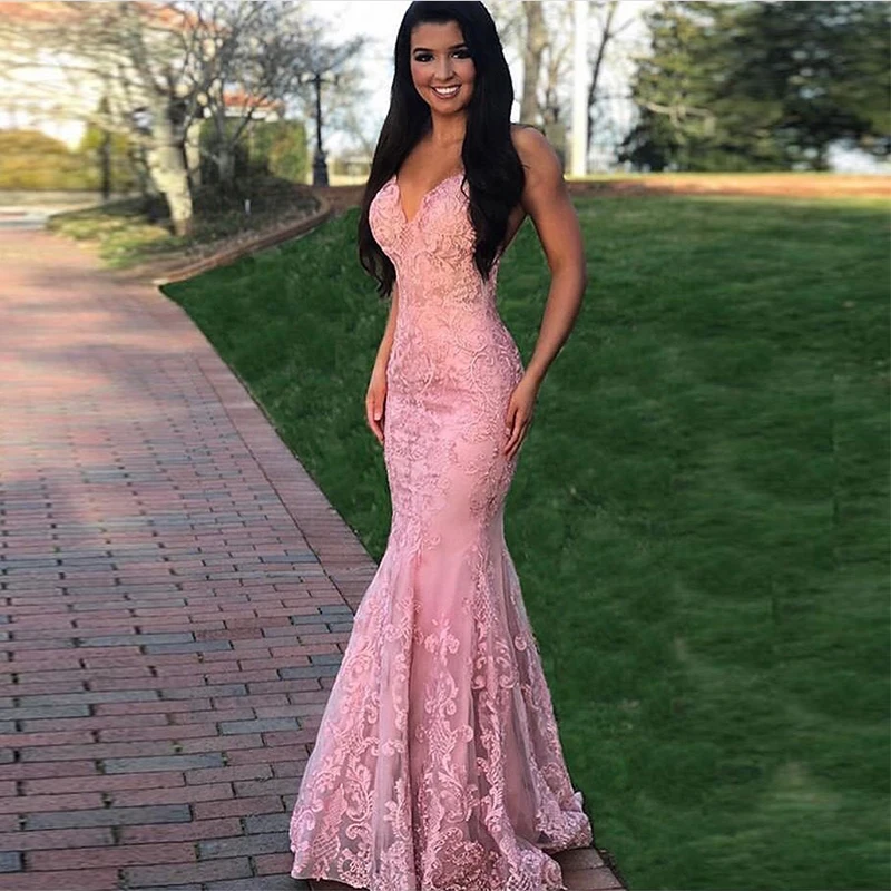 Vestidos longos de sereia, decote em v, rosa, apliques sweet 16, 2019, vestidos formais para festas