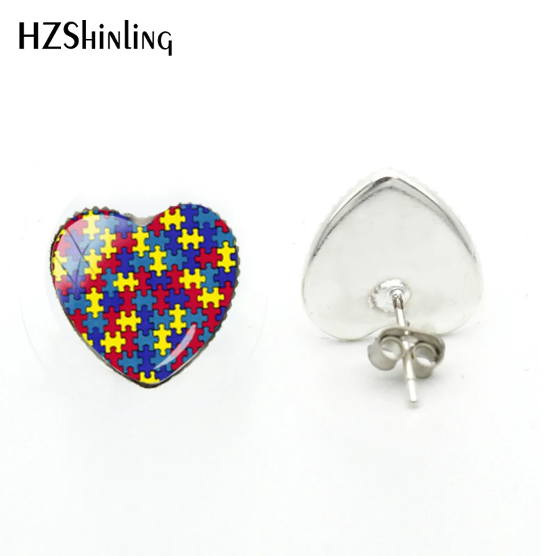 2018 New Autism Awareness Heart Earring Hand Craft Earrings Glass Dome Photo Jewelry Art Ear Studs For Women