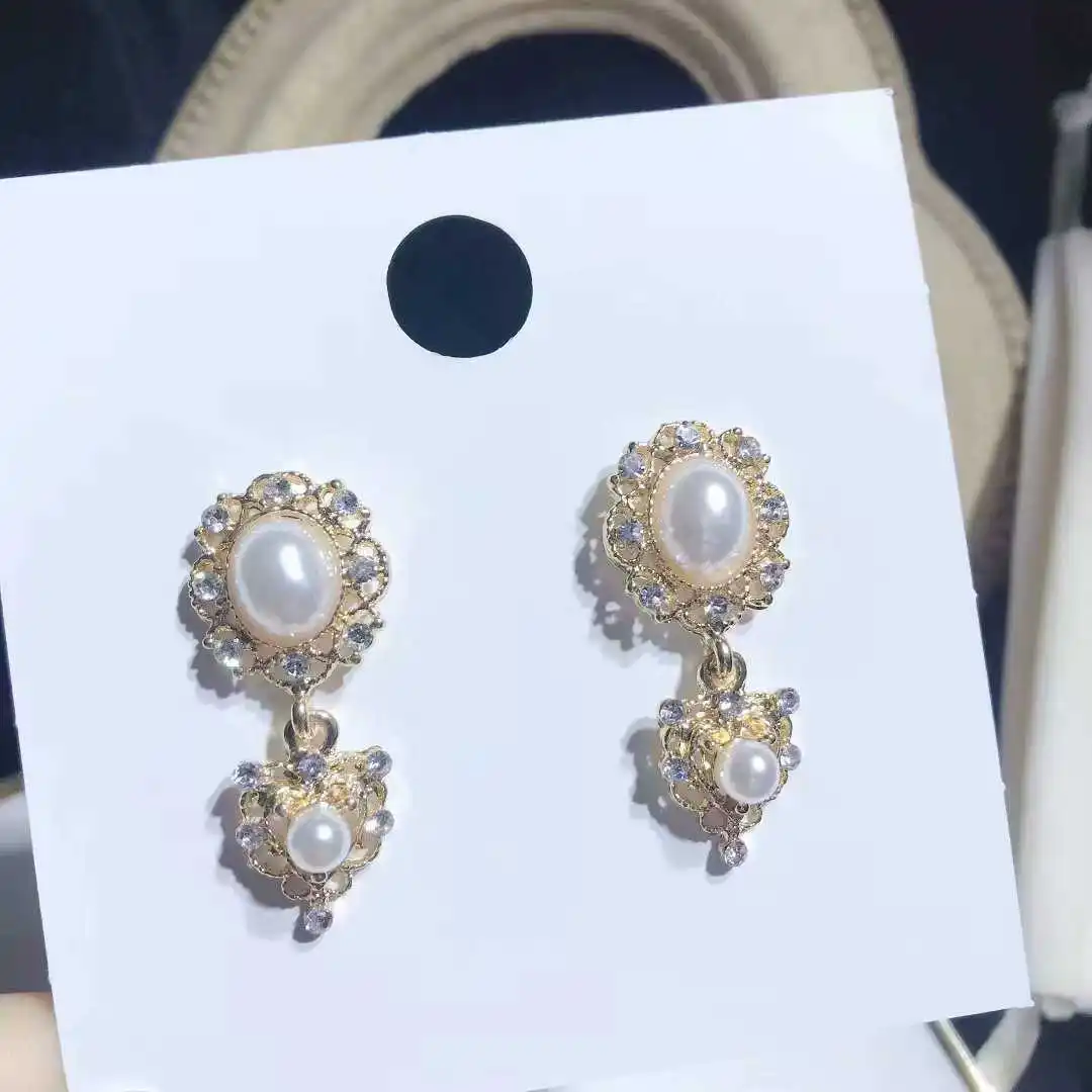 

Baroque wind light retro carved pearl inlaid ring temperament 925 silver needle Earrings female Earrings