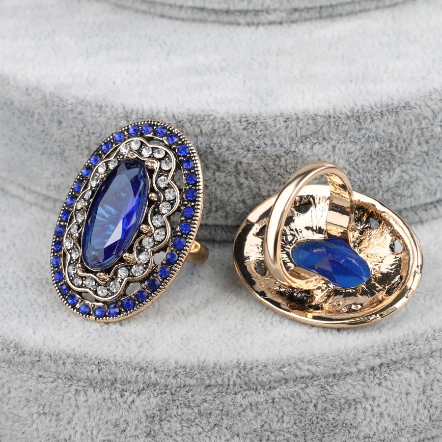 2020 New Charm Blue Big Ring Color Ancient Gold Vintage Wedding Rings For Women Mosaic White Crystal Fashion Jewelry