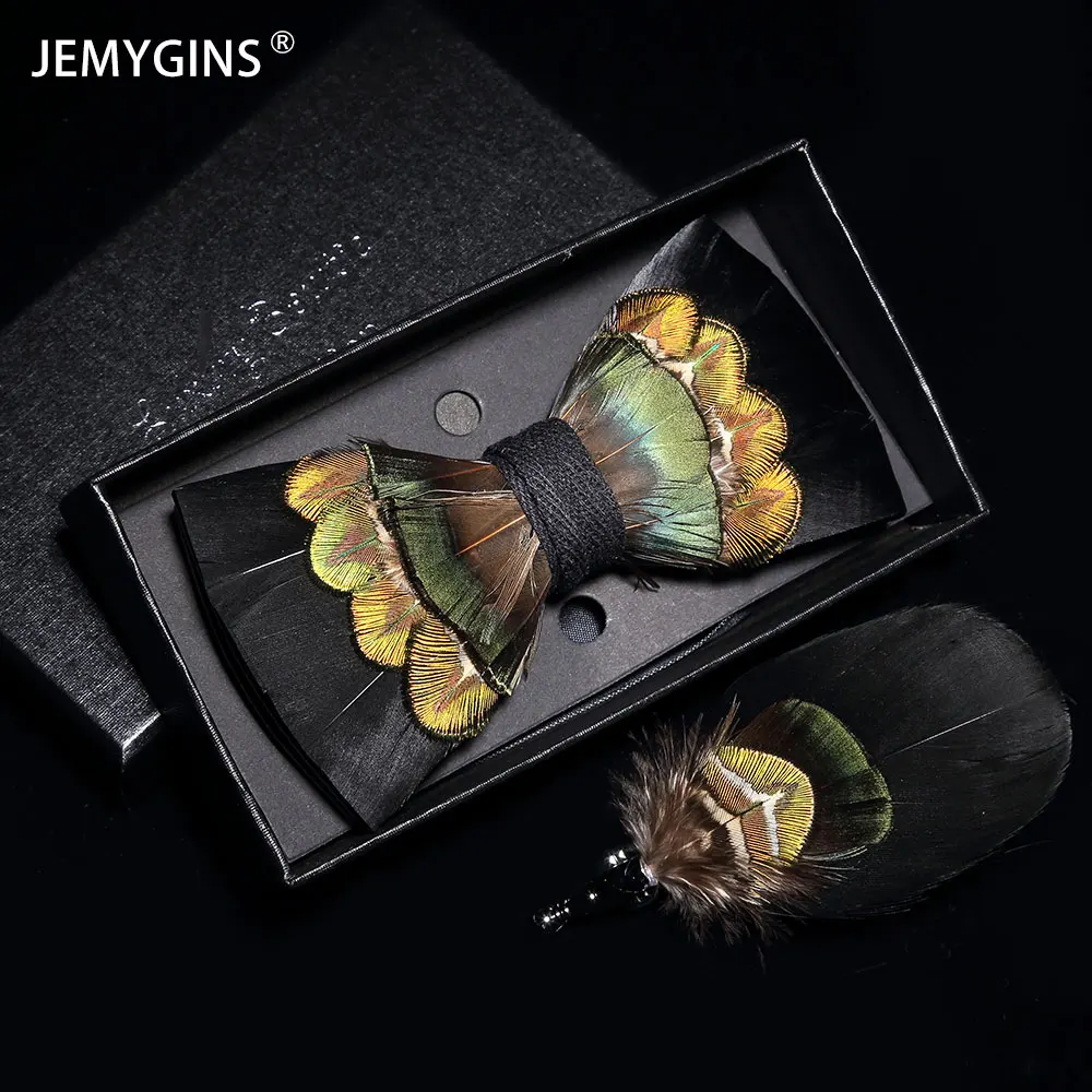 JEMYGINS New listing handmade solid color peacock feather bow tie  brooch set high quality men bow tie wedding party gift Cravat