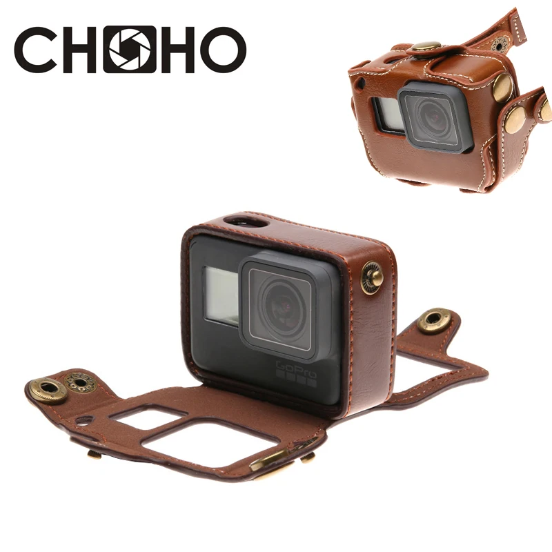 For Gopro Frame Protector Cover Case Leather + Long Weaving Strap opening Back for Go pro Hero 5 6 7 Black Accessories