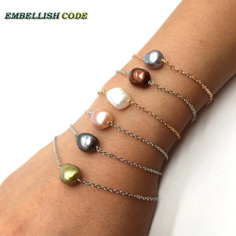 Hot selling simple Anklet bracelet Peacock blue white peach grey brown green color baroque pearl golden chain natural pearls