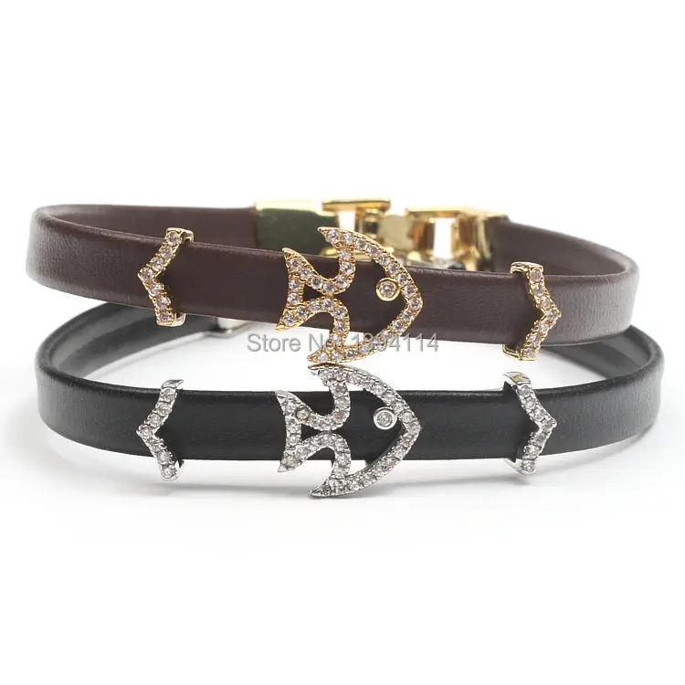 

Micro Pave Clear CZ Fish Arc Tube Strand Bracelet Stringed Leather Cord Fold Over Clasp Approx 6-8 Inches