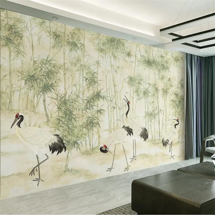 

Custom wallpaper 3d photo murals elegant minimalist new Chinese bamboo cranes background wall living room restaurant wallpaper