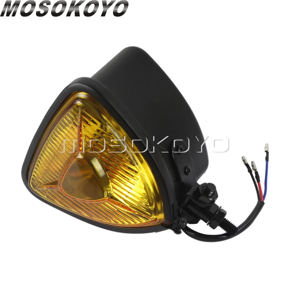 Black with Amber Motorcycle Triangle Vintage Headlight H4 55/60W Front Lamp Universal for Cafe Racer Honda Suzuki Yamaha