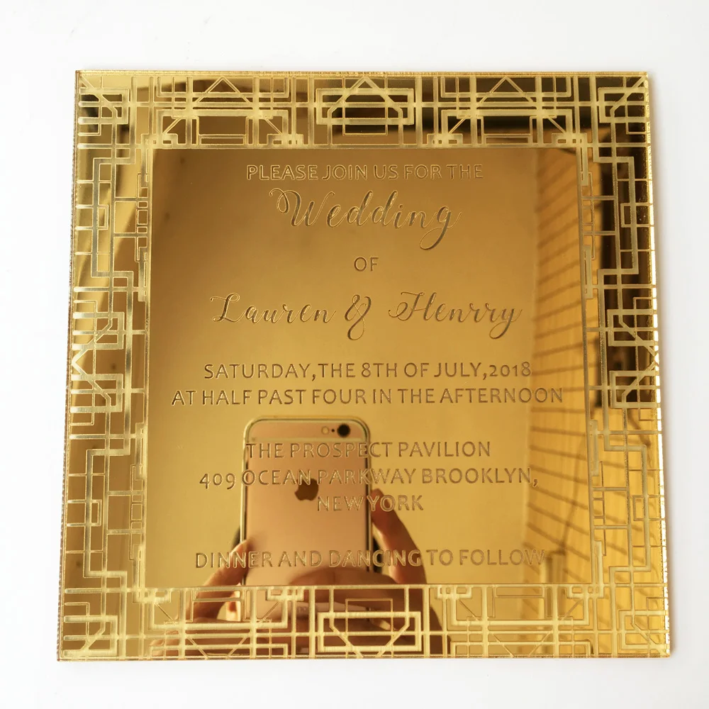 Popular Luxury 150x150mm Square Shape Golden Mirror Acrylic Wedding Invitation Card 100 Sets Per Lot