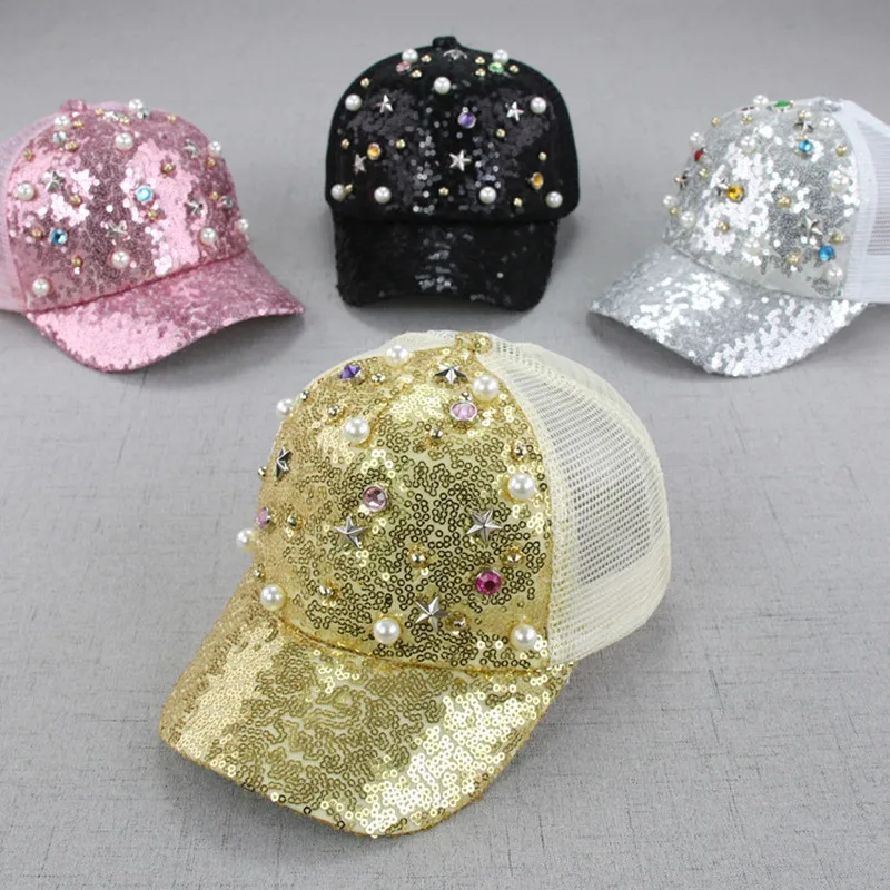 Mommy & Me Lovely Kids Baseball Cap Snapback Hats For Girl Baby Pearl Bow Sequin Mesh Children Summer Mesh Cap Sun Visor HT19013