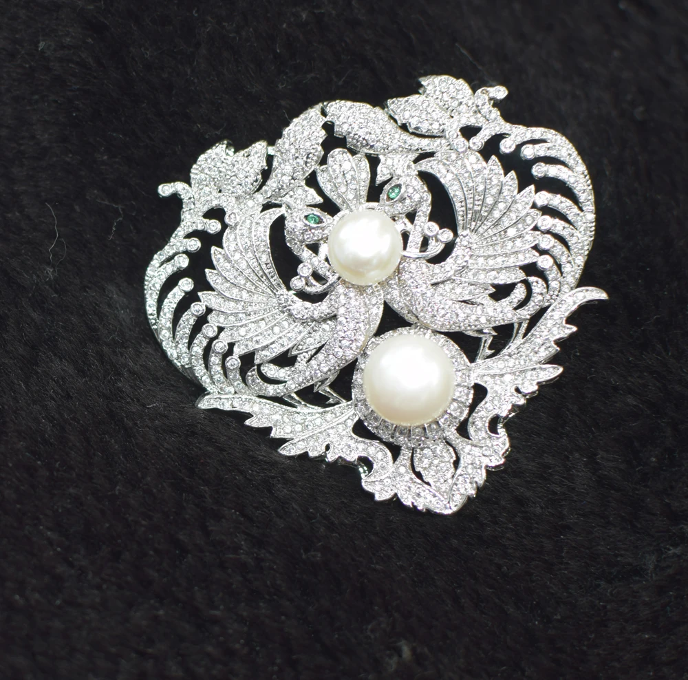 wow! freshwater pearl white and birds brooch 60mm wholesale beads nature zircon FPPJ