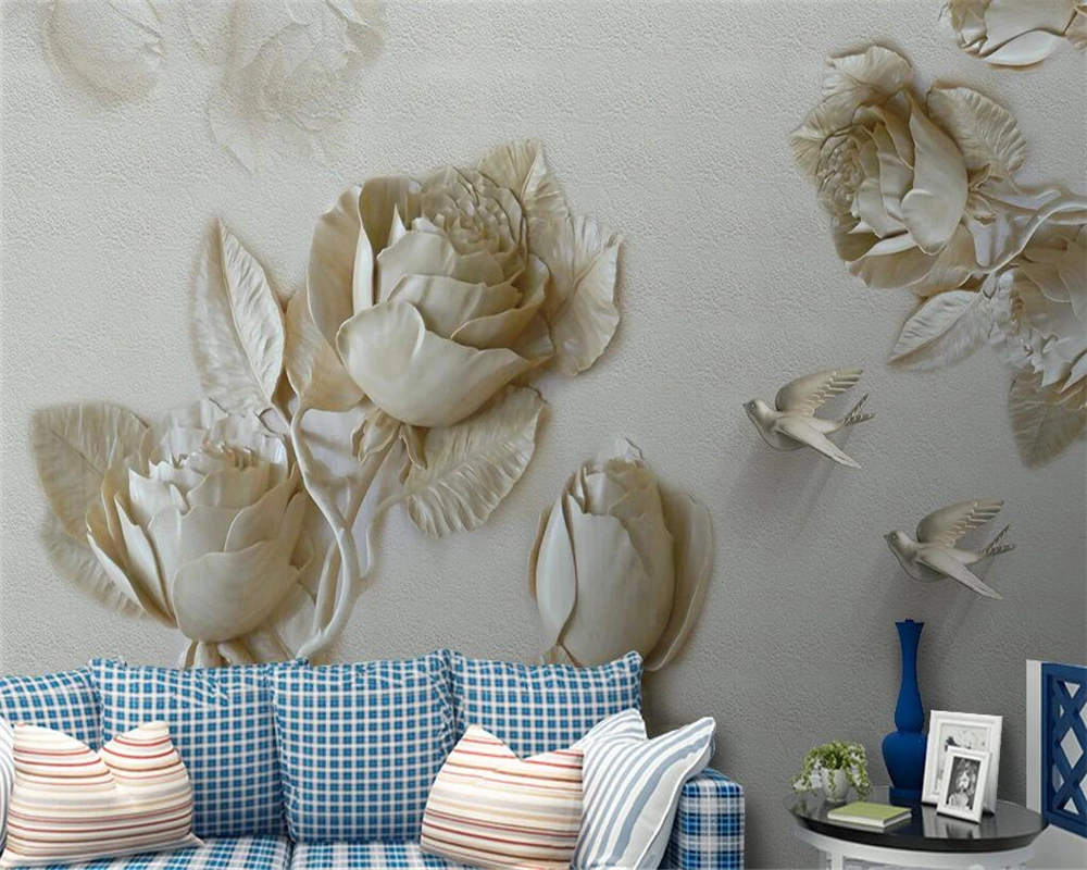 

Custom size mural 3D gold relief rose flying bird TV sofa background wall decoration canvas relief material mural 3d wallpaper