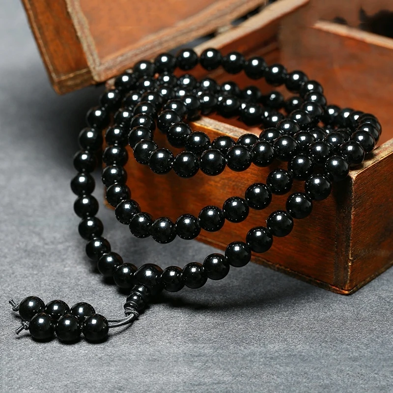 Natural Stone Bracelet Black Mens Obsidian Bracelets 108 Beads Buddha Rosary Buddhist  Stretch Bracelets 6mm 8mm Jewelry Women