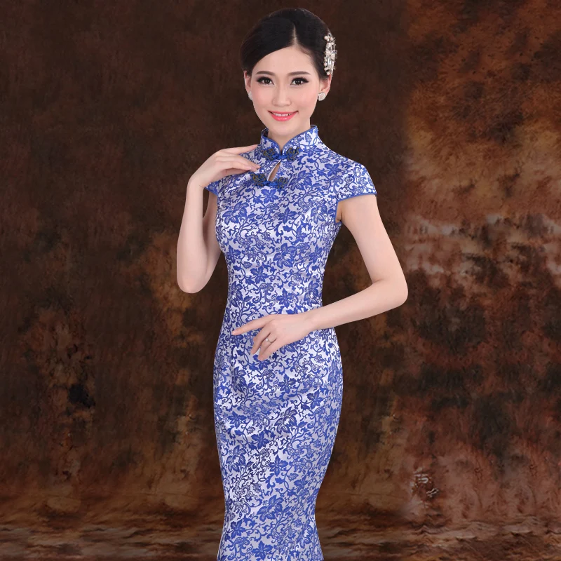 Robe longue queue de poisson sirène Cheongsam en porcelaine bleue et blanche, Style traditionnel chinois, costume Tang amélioré pour femmes, Qipao