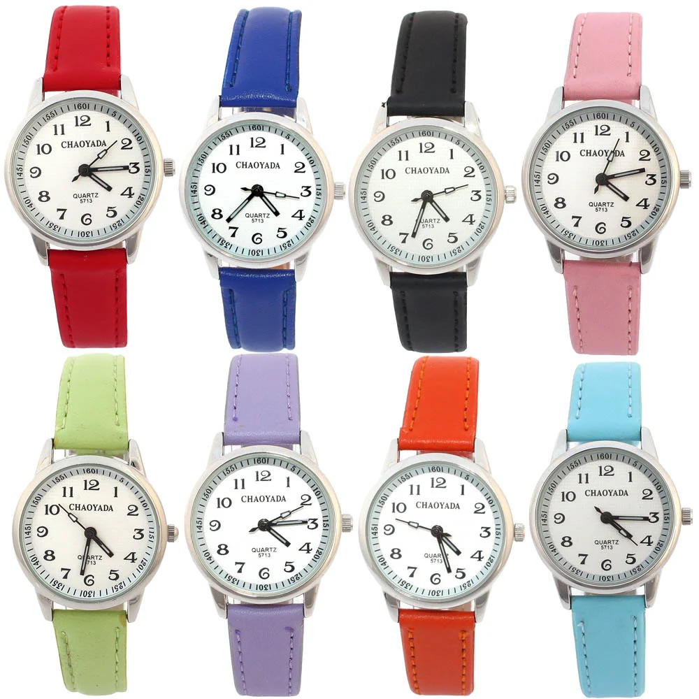 Mode Runde Lernen Zu Zeit Kinder Junge Mädchen Schwarz Leder Quarz Student Armbanduhr kinder Tutor Uhr U13 Mädchen Jungen uhren