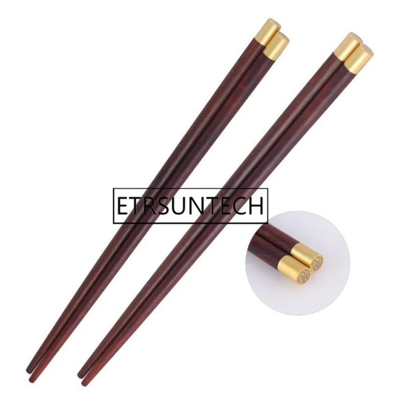 50pairs Creative Ebony Rosewood Gilded Round Chopsticks Reusable Chinese Classic Wood Chopsticks Sushi Non-slip