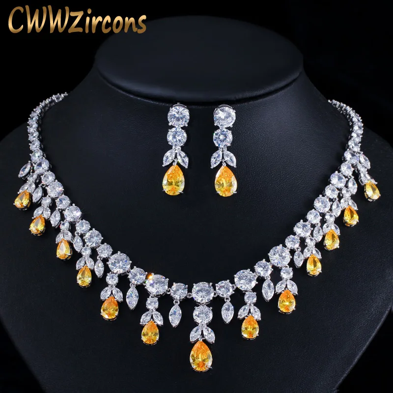 CWWZircons Long Tassel Water Drop Earrings Necklace Sets for Women Sparkling Yellow Cubic Zirconia Wedding Bridal Jewelry T0607