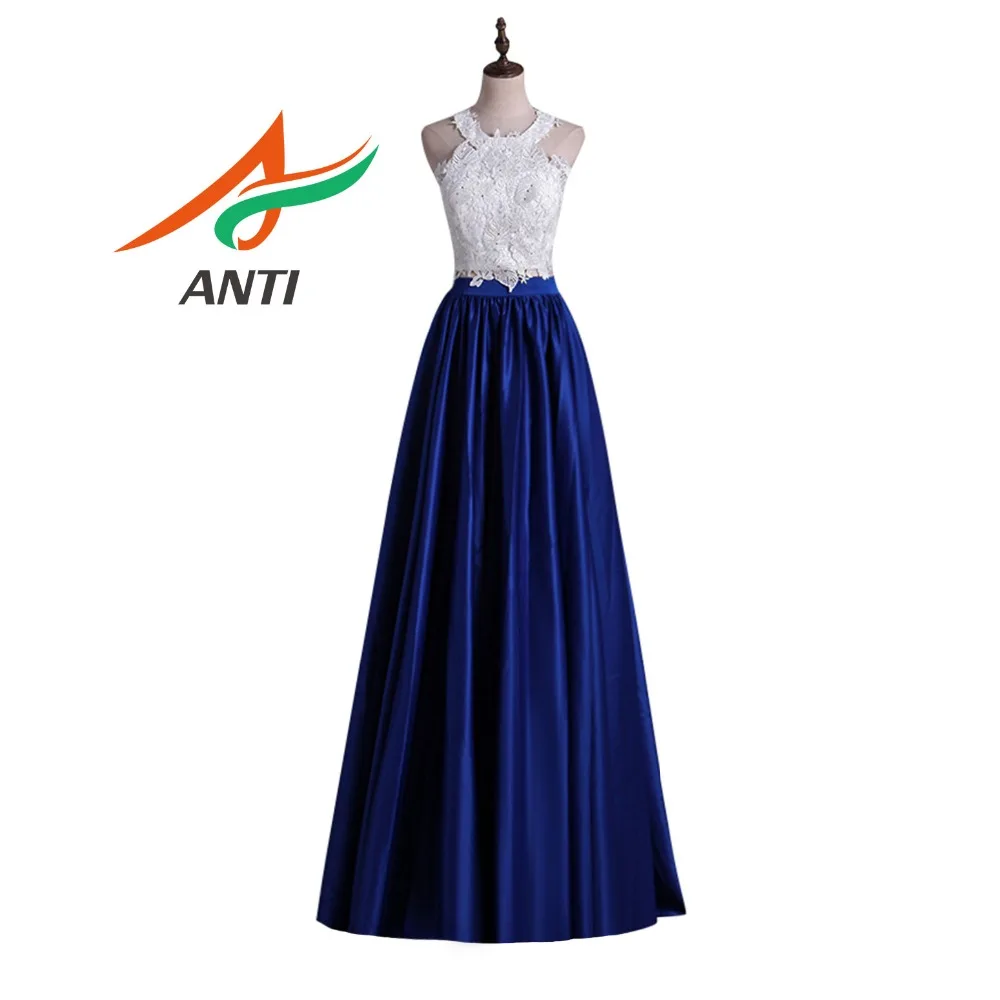 ANTI 2 pieces Lace Prom Dresses 2019 Elegant A-Line Style  Sleeveless O-Neck White Top Blue Satin Europe Party Prom Dress Long