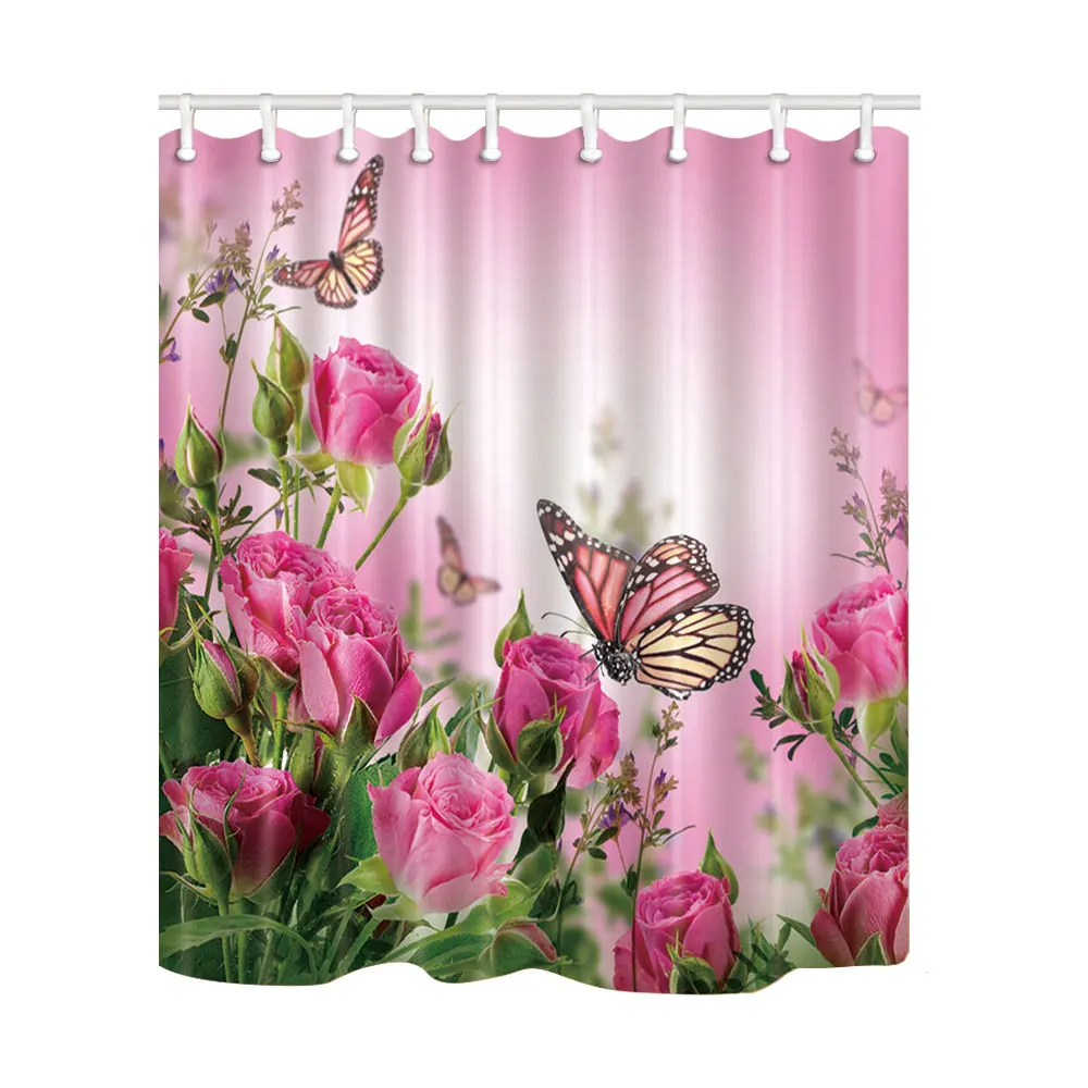 Pink Pose Butterfly Print Waterproof Shower Curtain Polyester Washable Fabric Bath Curtain Home Bathroom Curtains with 12 Hooks