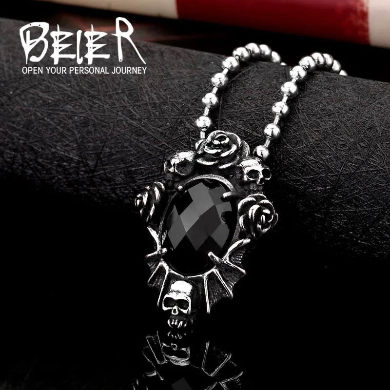 BEIER New store Fashion Men\' Jewelry Wholesale Steel Skull Flower Necklace Pendant With Black Stone gift chain BP8-123