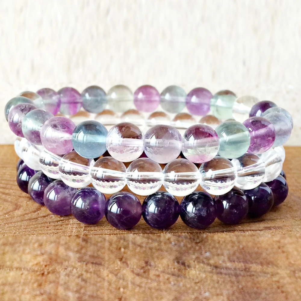 

MG0358 New Design Crown Chakra Stack Bracelet Set Natural Fluorite A methyst Clear Quarz Bracelet Heart Chakra Crystals Bracelet