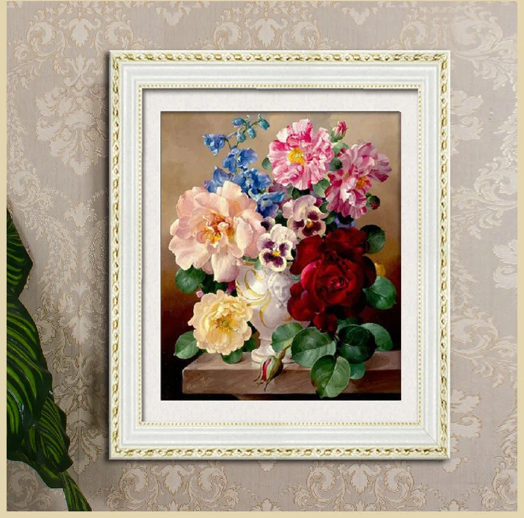 Needlework,DIY Cross stitch,set for embroidery kit,table vase rose peony flower printed pattern cross stitch handwork painting