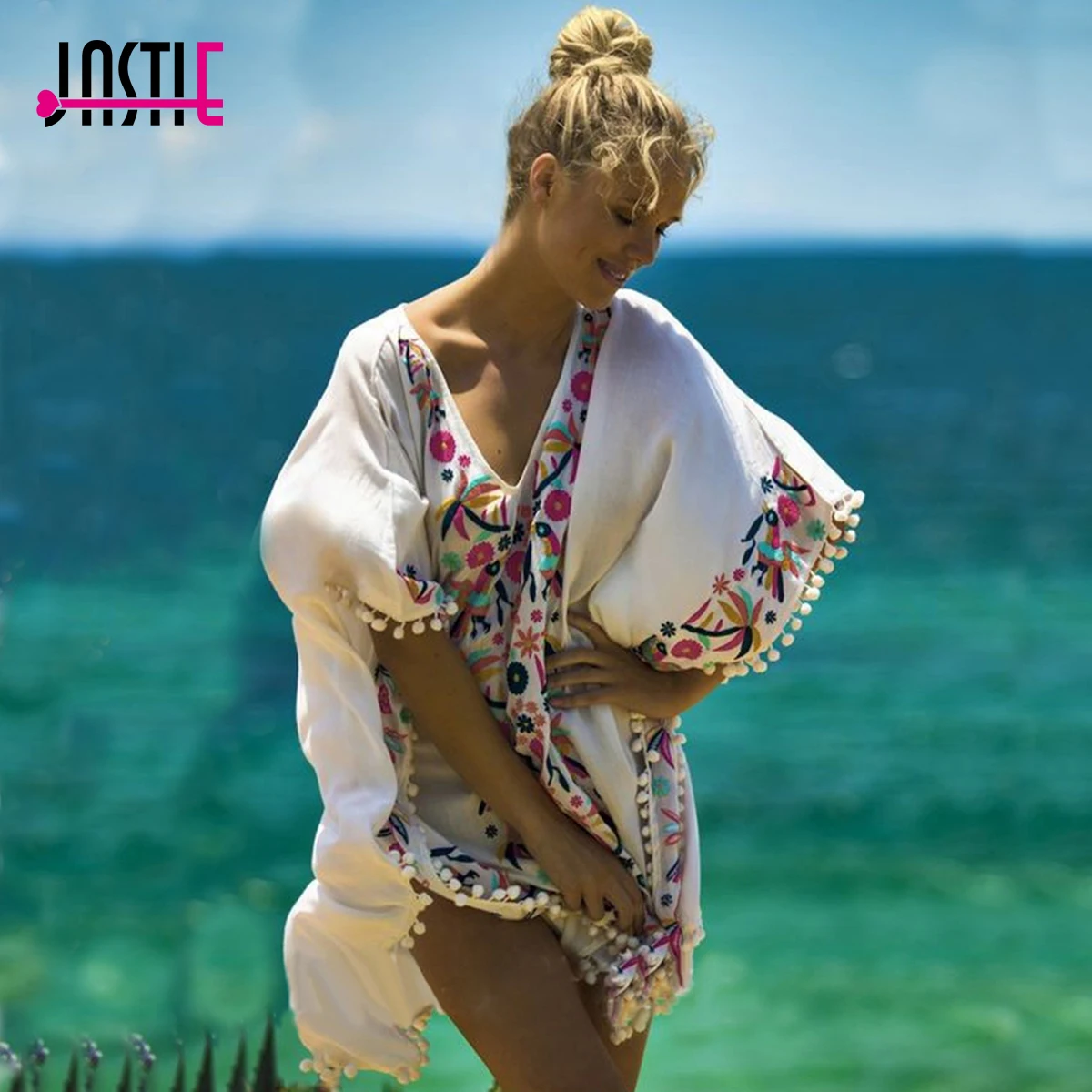 

Jastie V-Neck Floral Embroidered Caftan Dress Summer Beach Vestidos Batwing Sleeve High-Low Hem Boho Loose Women Dresses