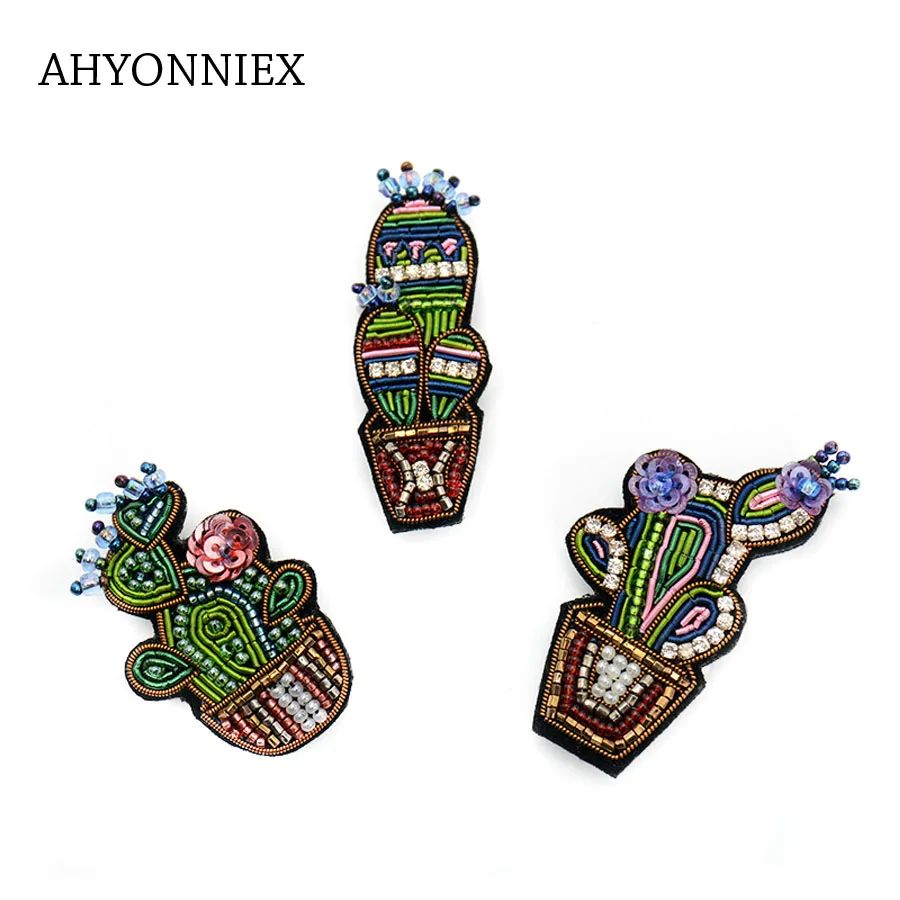 AHYONNIEX India Silk Badage Cactus Patches DIY applique Pin On mental Brooch Clothes Shoes Bags Decoration Creative Badge