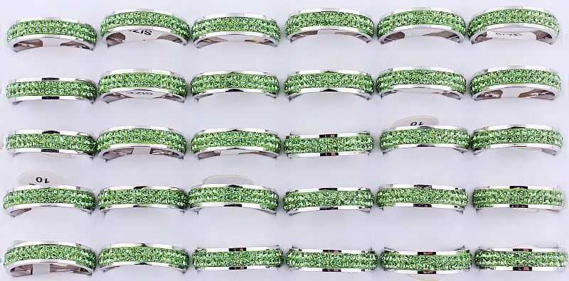 Wholesale Bulk Lots 25Pcs Green 2Row CZ Inlay Wedding Stainless Steel Ring Wedding Bridal Valentine Fashion Jewelry 17-21MM