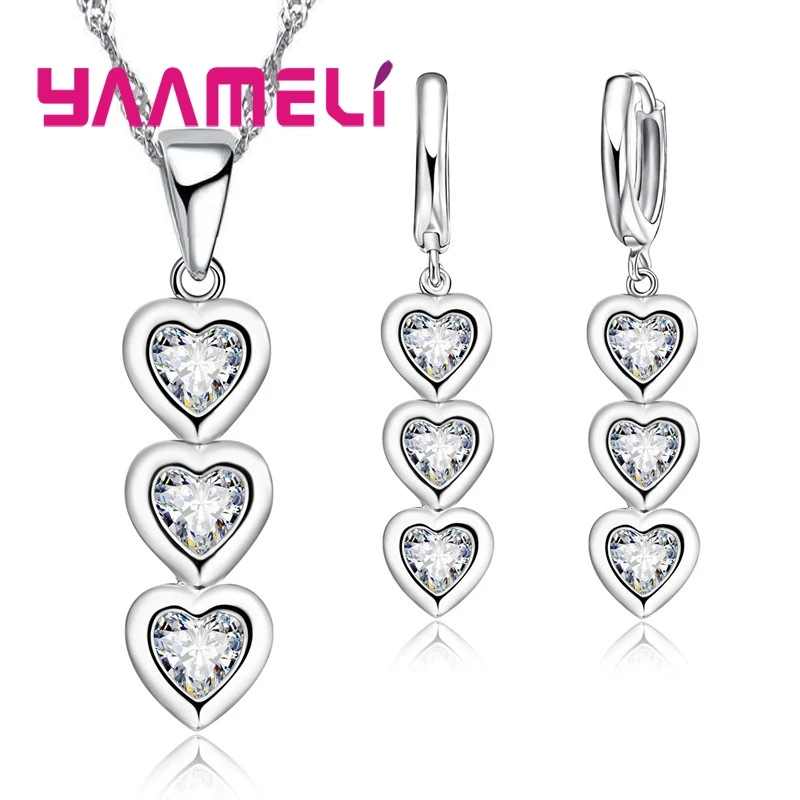 

Romantic Gifts 925 Sterling Silver Jewelry Sets Shiny CZ Crystal Hearts Cubic Zircon Stones Pendant Necklace Earrings