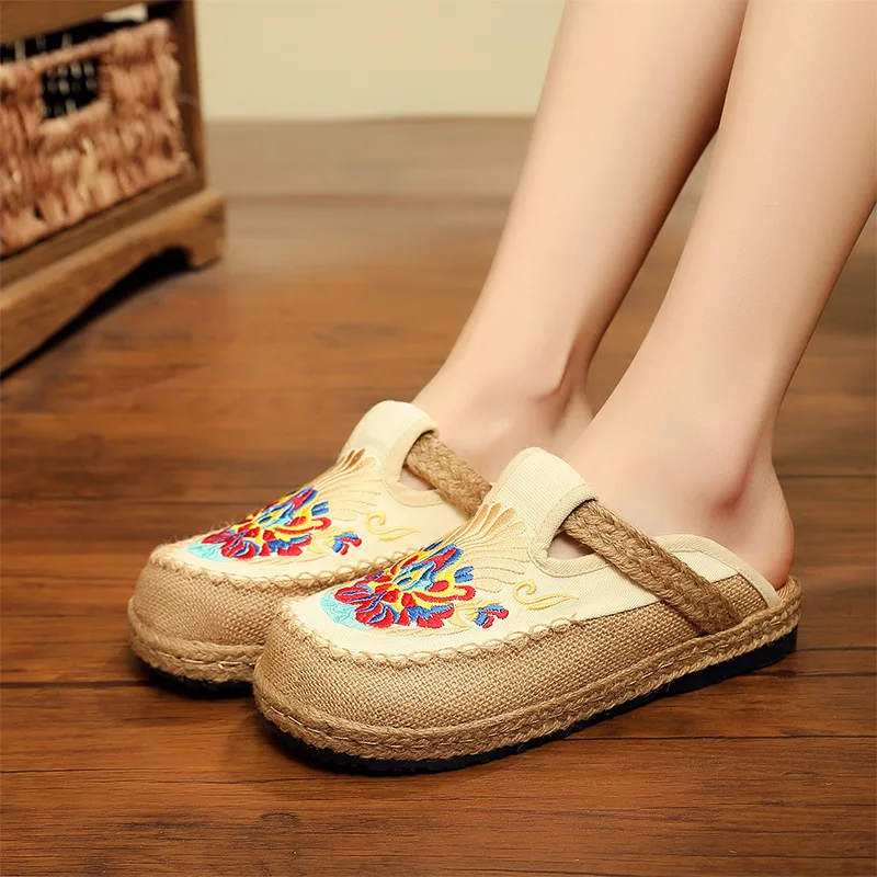 Originally designed embroidered shoes Summer new style shoes women half flax slippers mules shoes women cotton hemp Womens Shoes