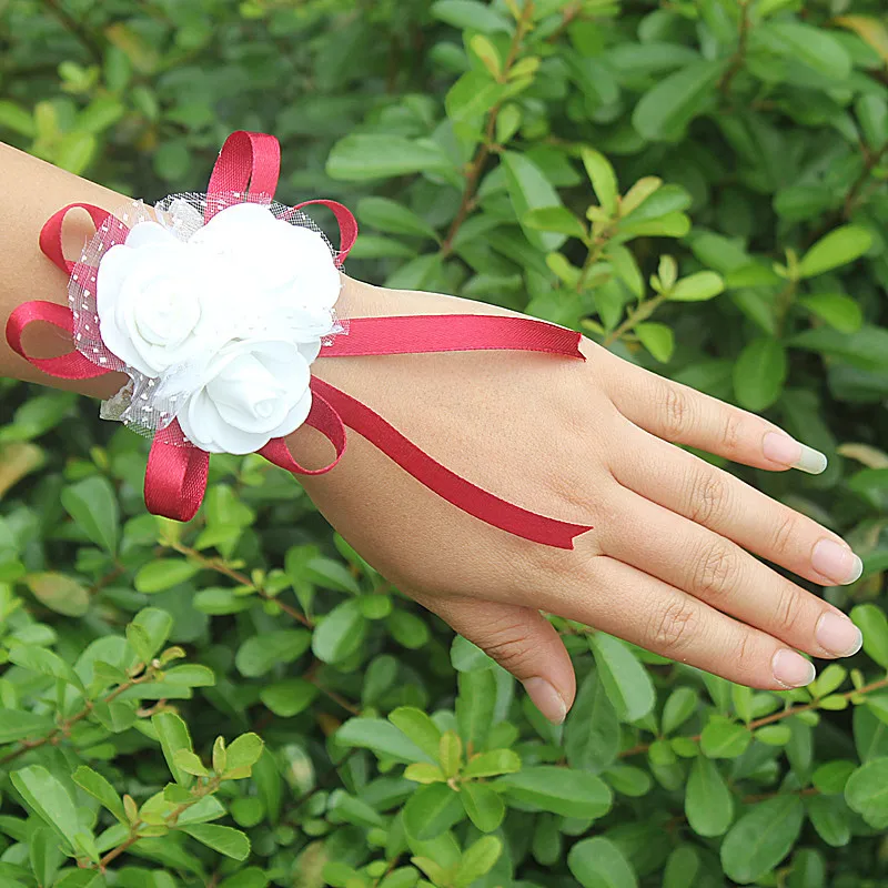 Más popular PE flores ramillete boda muñequera Boutonniere hecho a medida blanco 3 cinta rosa flores de muñeca SW003