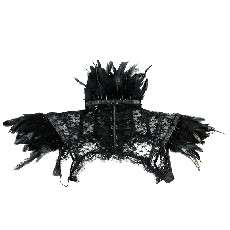 Women Retro Vintage Punk Gothic Feather Collar Shoulder Lace Cape Bolero Jacket Shrug Tops Halloween Party Goth Rave Costumes