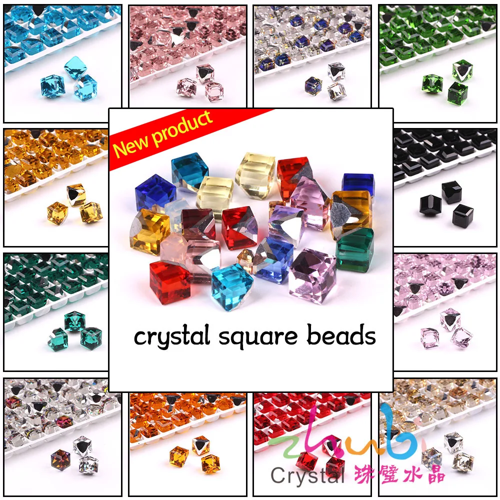 Faceted Glass Square Beads No Hole 6/8MM Crystal Cube Loose Rhinestone Stickers Flatback DIY Making Jewelry or Earings Fashion