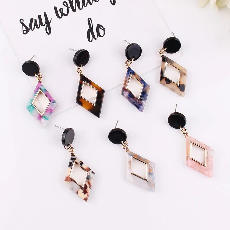 LUBOV Colorful Resin Stone Plated Square Shape Geometric Gold Color Metal Dangle Earrings Vintage Women Drop Earrings 2019 New