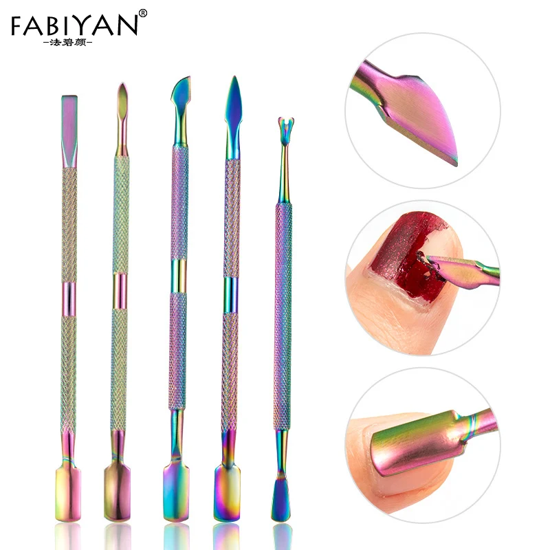 11Pcs Rainbow Nail Art Files Cuticle Pusher Triangle UV Gel Polish Pedicure Manicure Care Groove Clean Tools Stainless Steel