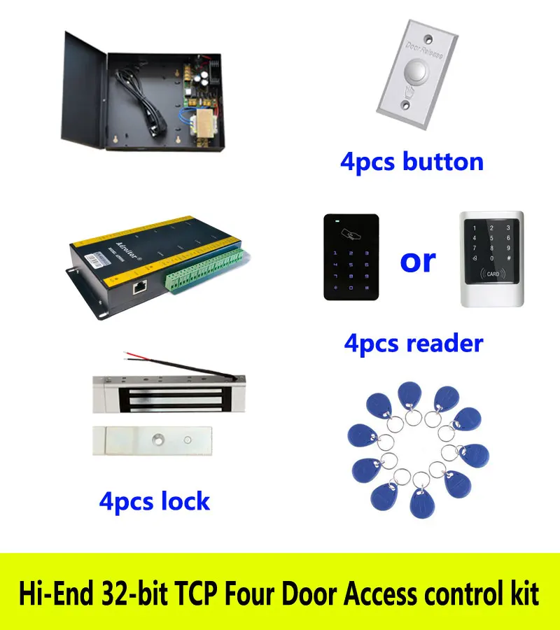 

Высококачественный 32-битный комплект управления доступом, четырехдверный TCP + питание + магнитный замок 180 кг + считыватель ID сенсорной клавиатуры + кнопка + 10 идентификационных бирок, Sn: технические