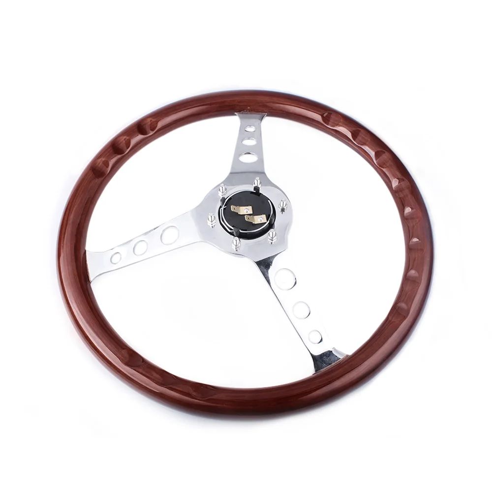 RASTP-15inch 380mm Steering Wheel Classic Sport Wooden Grain Silver Brushed Spoke Chrome Steering Wheel RS-STW015-A