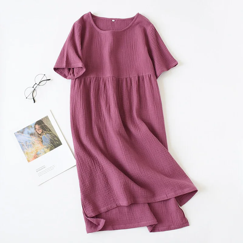 Summer New Women Nightdress Solid Color Comfort Gauze Cotton Long Dress Homewear Dress Round Collar Ladies Soft Thin Nightgown