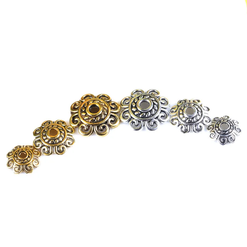 100 stücke antike Silber/Gold Metall Sonnenblumen Perlen Kappen 8mm 10mm 12mm Dekoration Quaste End kappe Perlen Behälter DIY Schmuck herstellung