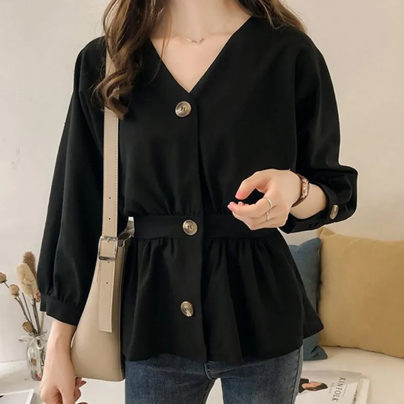 Casual Con Scollo A V Button Up Increspature Sottili delle donne Della Vita Del Manicotto Lungo Solido Camicetta Del Manicotto Del Batwing Delle Donne Della Camicia Magliette E Camicette Femminile autunno