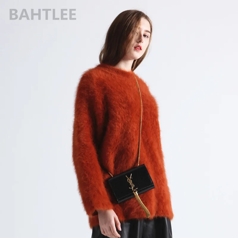 BAHTLEE-Women\'s Angora Knitted Pullovers, O-Neck Sweater, Mink Cashmere, Butterfly Sleeves, Very Thick, Keep Warm, Loose, Autumn