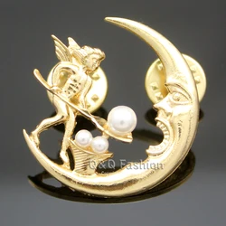 RechicGu New Women's Accessories Angel Fairy Feeding Moon Cresent Pearl Baroque Lapel Brooch Pin Jewelry Girl Friendship Gifts
