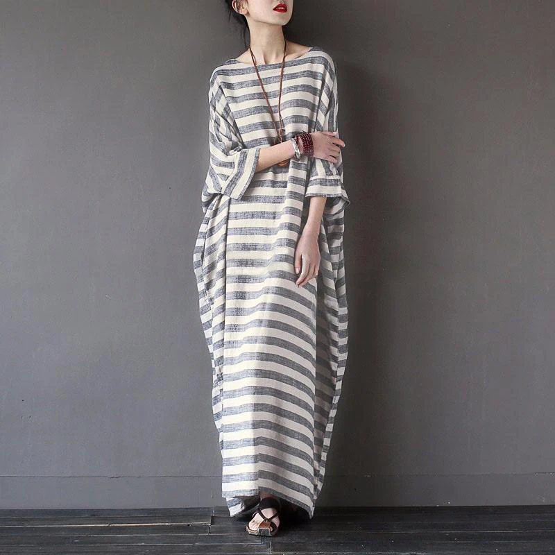 Women Cotton Linen Striped Dress 2024 Summer Loose Big Size 4XL 5XL Maxi Dress robe femme Casual Long Boho Kaftan Muslim Dress