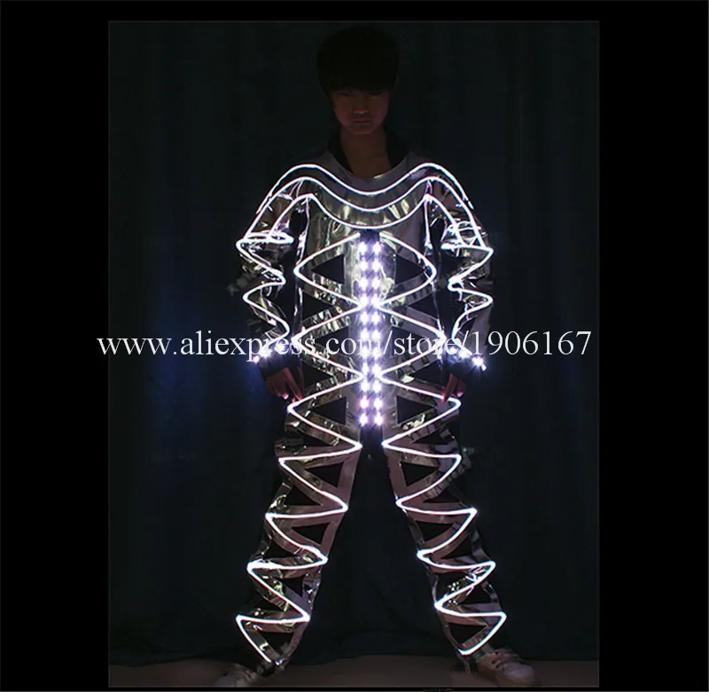 

Full color led mirror dance clothes ballroom led luminous costumes stage light RGB colorful fiber optic men robot wears suit