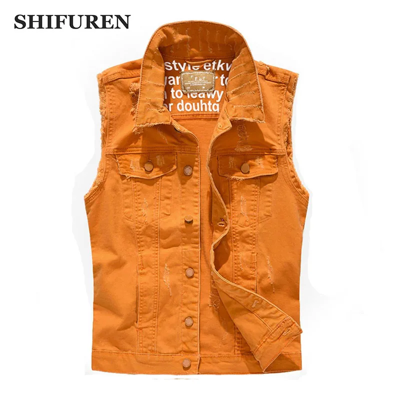 

SHIFUREN New Fashion 2017 Men Ripped Denim Vests Single Breasted Sleeveless Jeans Jackets Cowboy Frayed Denim Vests Plus Size