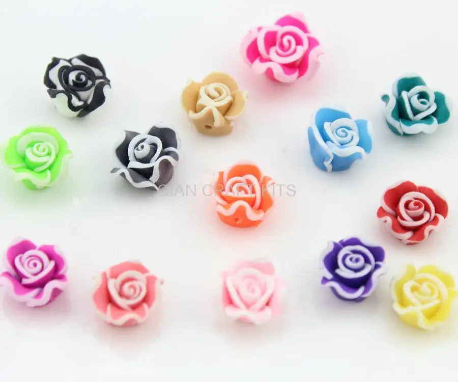 200pcs Mixed Polymer Clay Flower Beads Rose Flower Beads Cabochons 12mm DIY Pendant cell phone decor spring rose hand rolled