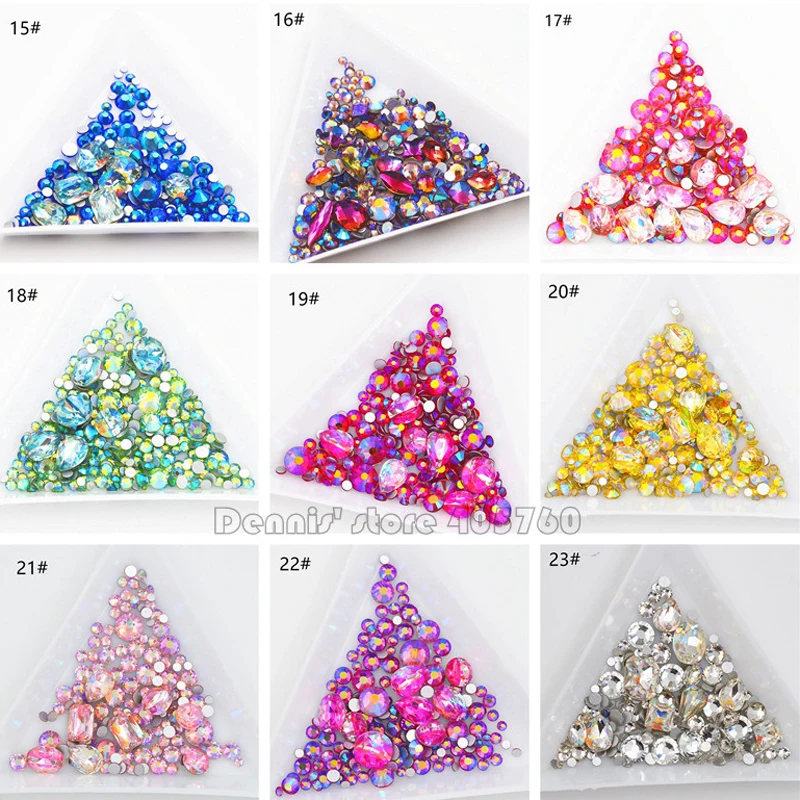 1Pack Mix Maten Mix Vorm Multi-Gekleurde Glitter 3D Diamant Facet Platte Achterkant Steentjes Acryl Nail Art Crystal gems Decoratie