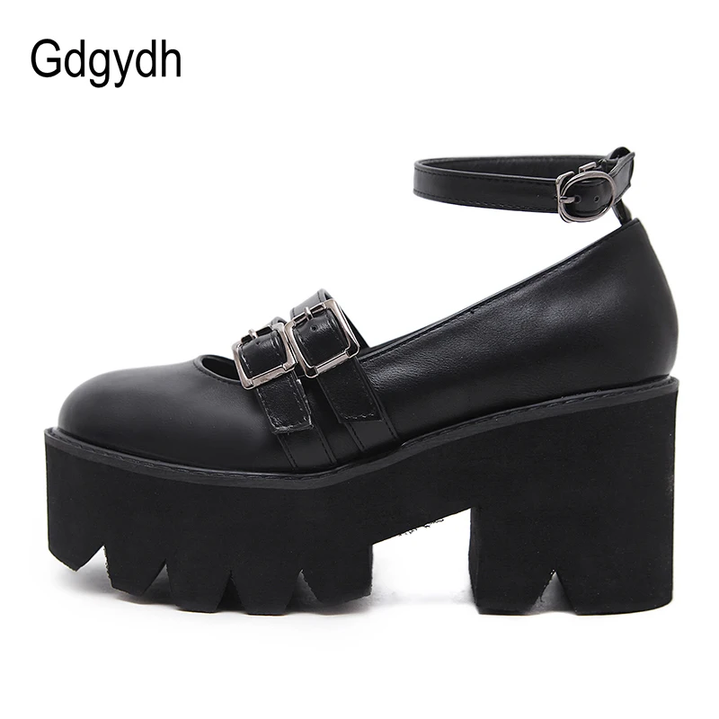 Gdgydh Womens Pump Gothic Shoes Ankle Strap High Chunky Heels Platform Punk Creepers Shoes Female Fashion Buckle Comfortable