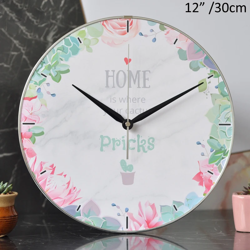 

Silver Circled 30cm Floral MDF Wall Clock Modern HOME Is Where Your Cactus Pricks Flowers White With Arabic Number Printed Clock