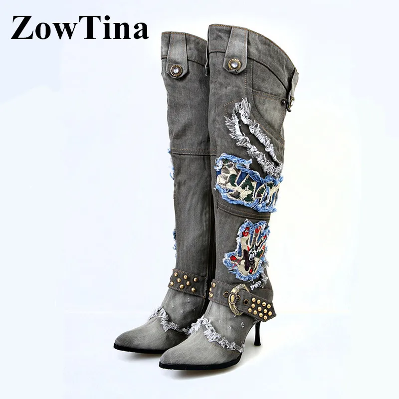 

Grey Denim Women Long Boots Cowgirl 9cm Thigh High Heels Winter Botas Feminina Ladies Shoes Large Size 41 Botines Mujer 2018