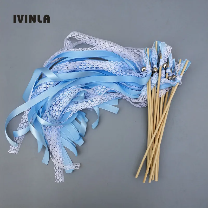 

Newest 50pcs/lot light blue Lace Wedding Ribbon Wands and big Bells for wedding decoration